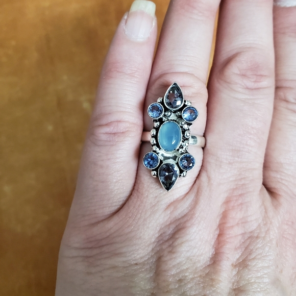 New Blue Quartz and Chalcedony Silver Plated Ring. - Picture 3 of 7